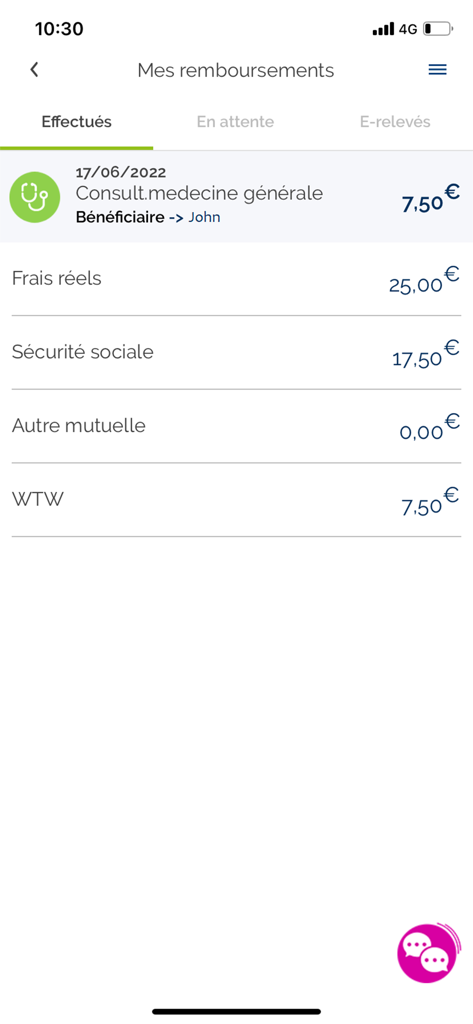 Santé WTW - Interface de l'application mobile affichant les détails des remboursements médicaux de Santé WTW.