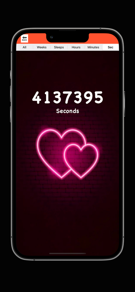 Valentine's Day Love Countdown - Valentine's Day countdown app screen showing seconds remaining with neon hearts background