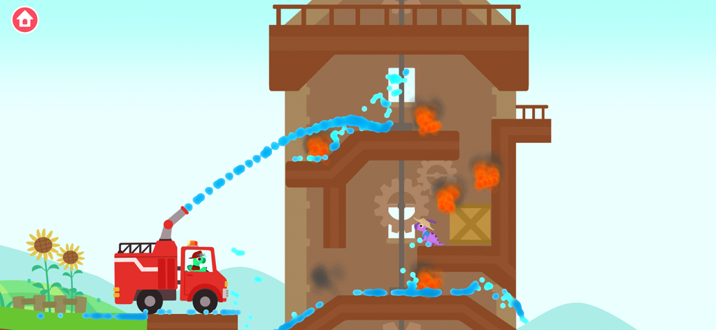 A dinosaur firefighter driving a red fire truck and spraying a water cannon to put out fires in a building.