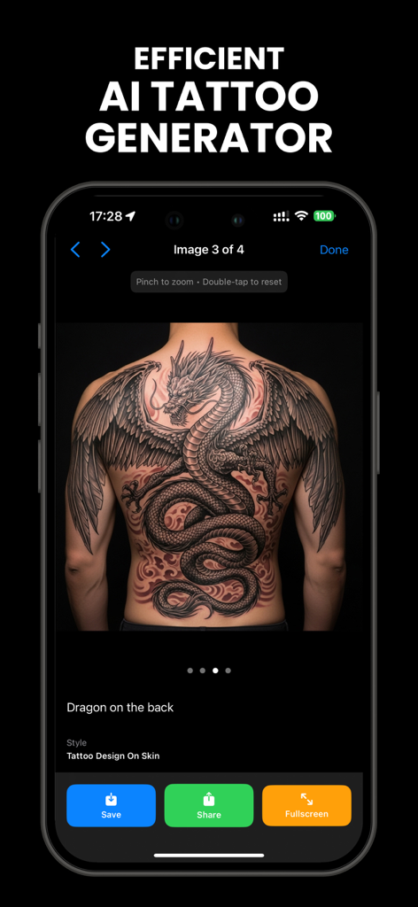 背中に超リアルなドラゴンのデザインを示す効率的なAIタトゥー生成インターフェース