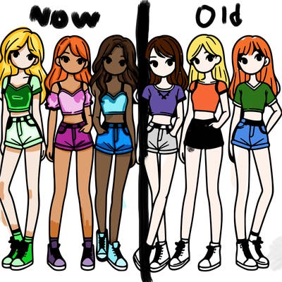 a group of girls wearing crop tops and shorts