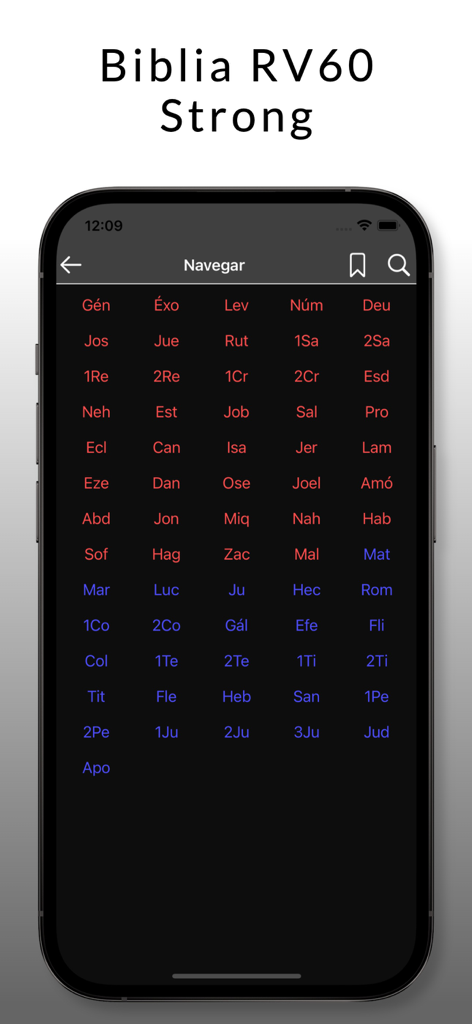Bible RV60 Strong - La interfaz de navegación de la aplicación Biblia RV60 Strong que muestra una lista de abreviaturas de libros bíblicos en rojo y azul