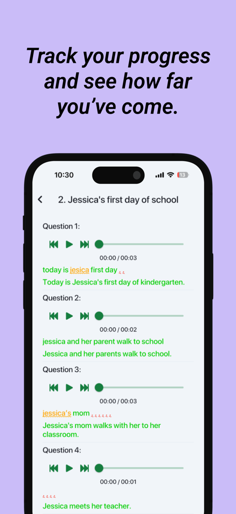 The Eng - English Practice - Interface do aplicativo The Eng mostrando exercícios de ditado com reprodução de áudio e feedback de correção de frases em tempo real.