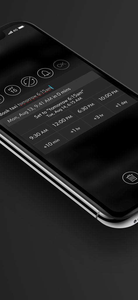 Due app interface on iPhone showing natural language input and quick time picker buttons for a taxi reminder