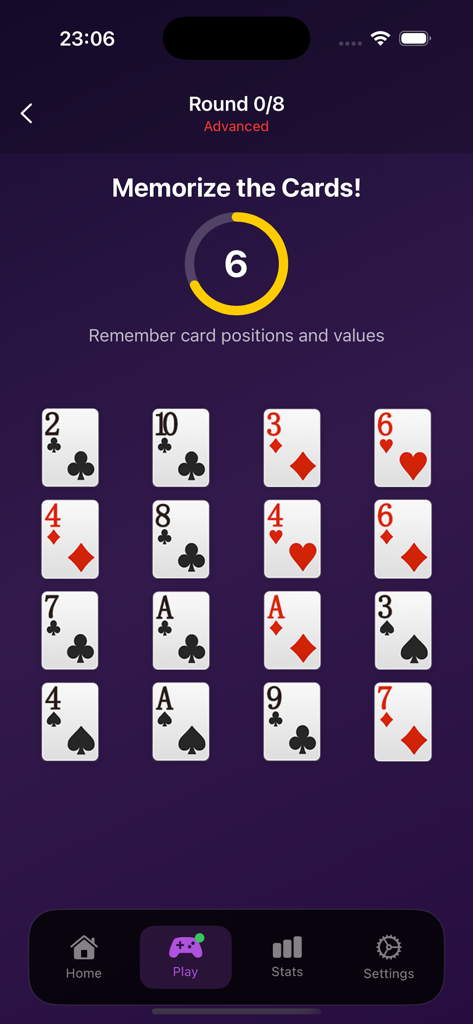 CardgridSolis - CardgridSolis app screenshot showing 16 playing cards on a grid with a countdown timer for memorizing positions
