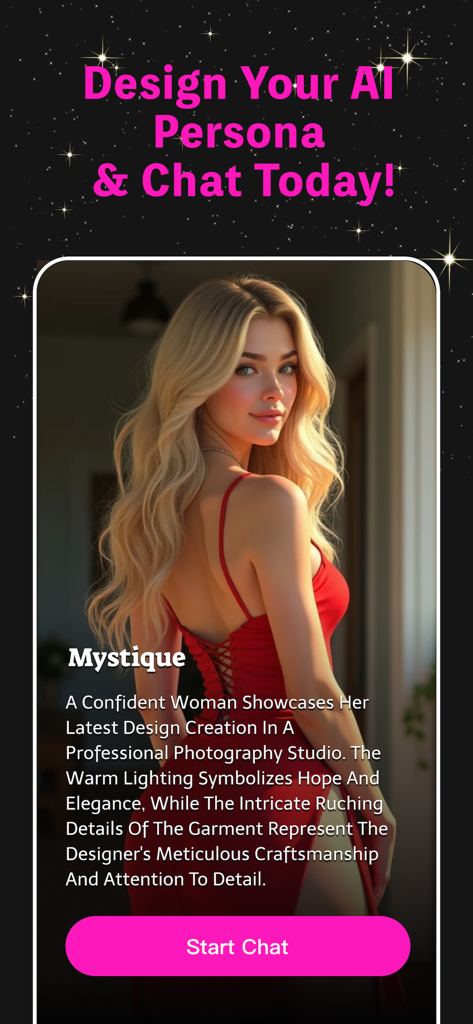 Anivibe app interface showing an AI character named Mystique with a start chat button