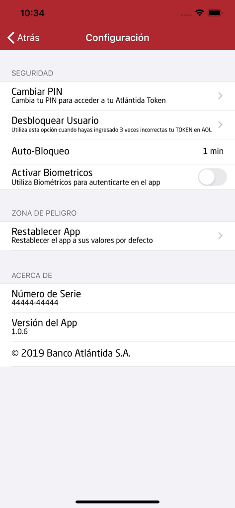 Atlántida Token - Configuration screen of the Atlántida Token app showing security settings and biometric authentication options.