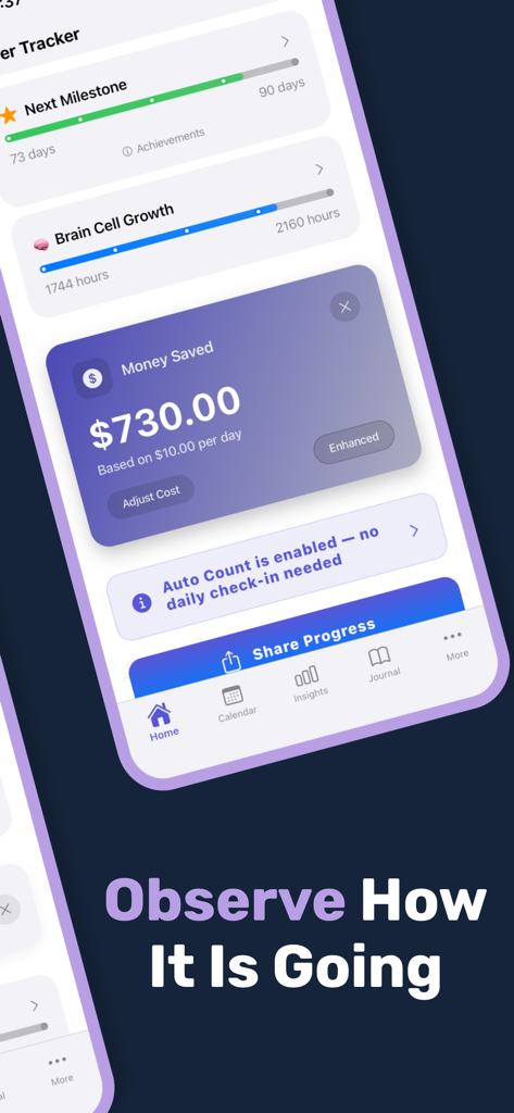 Sober Tracker: Quit Alcohol - Sober Tracker app dashboard showing money saved and health progress milestones