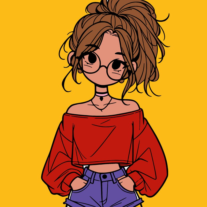 girl with a messy ponytail glasses a baggy crop top and jean shorts