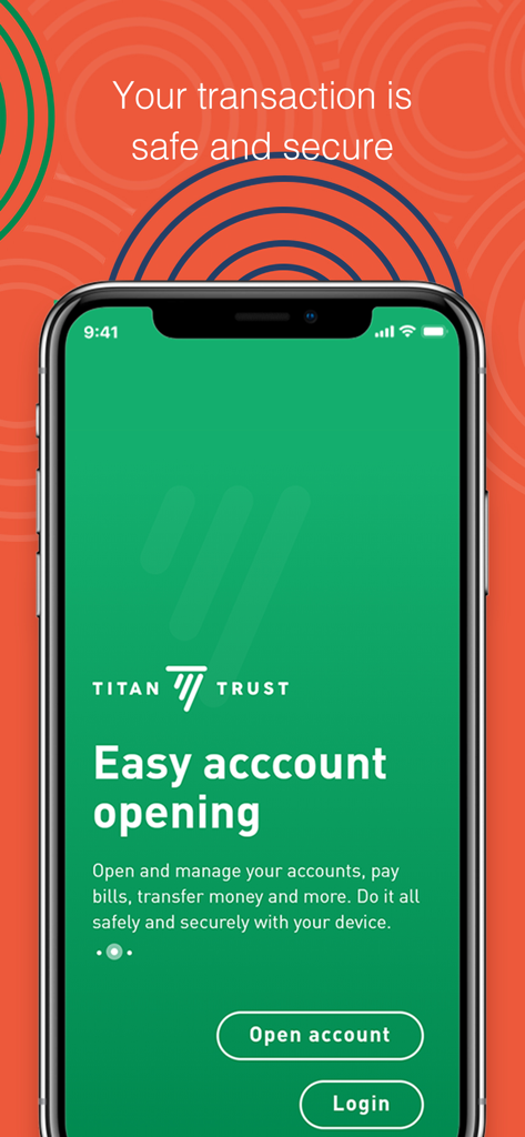 TITAN TRUST MOBILE BANKING - Titan Trust Mobile Banking app onboarding screen on an iPhone showing easy account opening and secure transaction features