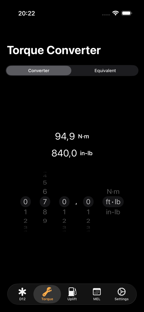 easyB1 - easyB1航空機メンテナンスアプリの画面。単位変換オプション付きのトルクコンバーターツールを表示しています。