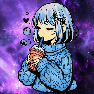 manga girl drinking boba in cozy sweater