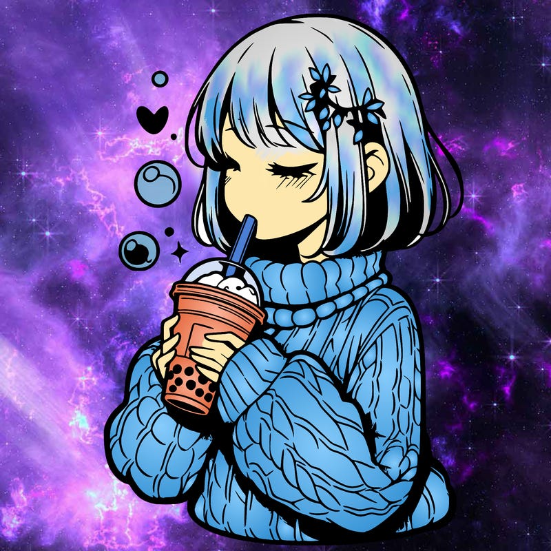 manga girl drinking boba in cozy sweater
