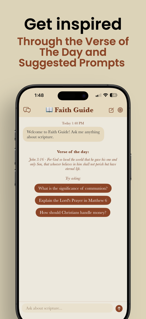 Faith Guide mobile app showing a daily Bible verse and chat prompt buttons