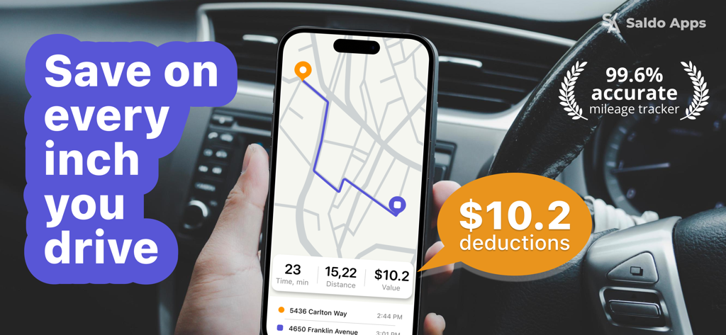 Um smartphone exibindo o aplicativo Mileage Tracker da Saldo Apps dentro de um carro mostrando uma rota rastreada e cálculo de dedução fiscal.