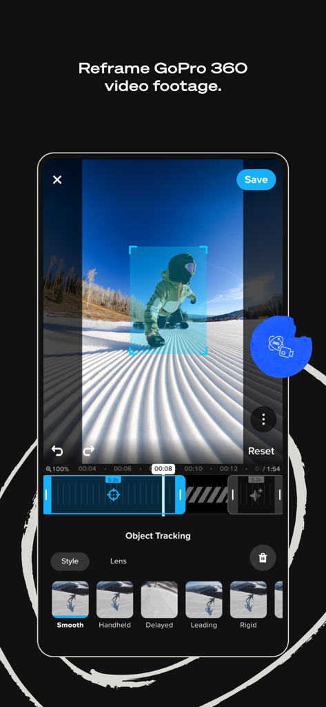 GoPro Quik app interface showing the reframe feature for 360 degree video footage of a snowboarder
