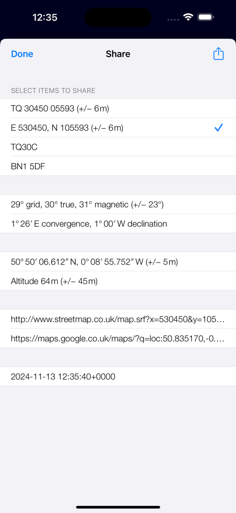 GridPoint GB - Sharing screen in GridPoint GB displaying OS grid references and geographic coordinates.
