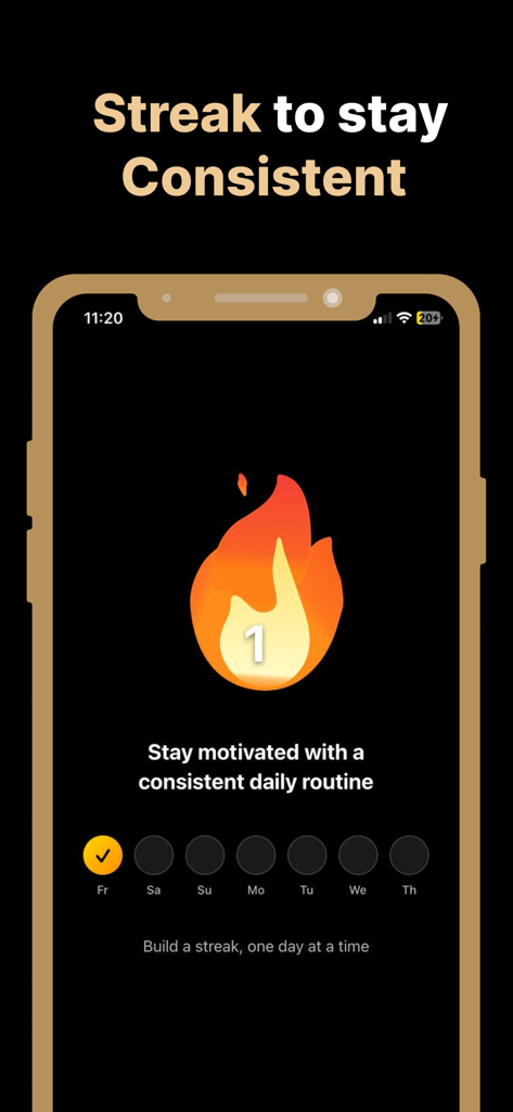Mentality - Daily quotes - A mobile screen from the Mentality app displaying a daily streak counter with a fire icon to motivate consistent habits.