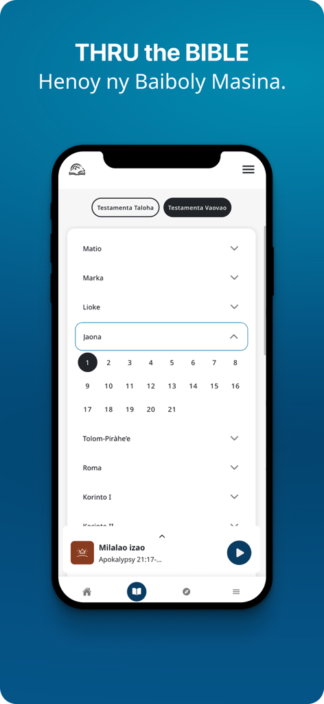 TTB Malagasy Fianarana Baiboly - A smartphone displaying the Malagasy Bible app with a list of biblical books and chapters for study.