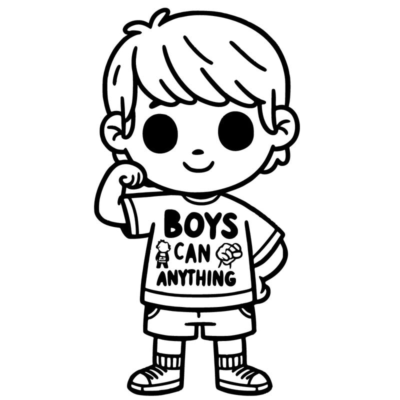 boy, wearing a shirt saying boys can do anything.