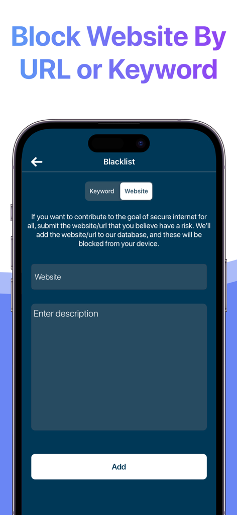 Porn Blocker Plus - for Safari - Tela do aplicativo Porn Blocker Plus para bloquear sites por URL ou palavra-chave