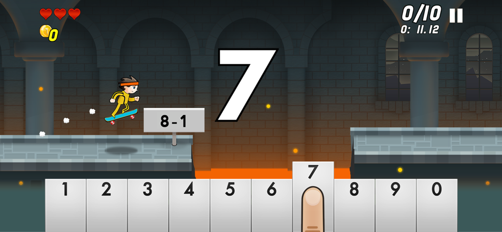 Number Runアプリのゲームプレイ画面。キャラクターがスケートボードに乗りながら引き算の問題を解いている様子。