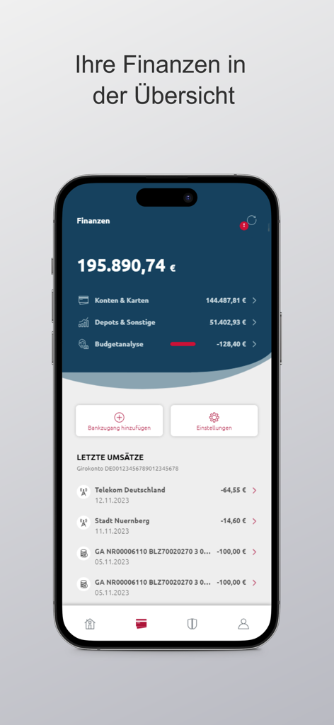 fin4u - Painel financeiro do aplicativo móvel fin4u mostrando o saldo da conta e transações recentes