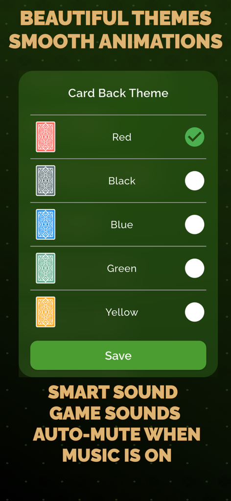 Solitaire Klondike: Card Games - Menú de Solitario Klondike para seleccionar temas de reverso de cartas y configuraciones de sonido inteligentes.