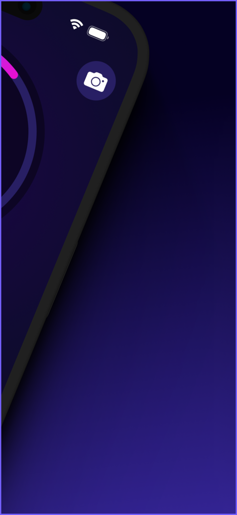 Interface of the Decibel Meter Ultra app showing a camera icon and sound level gauge on a purple background