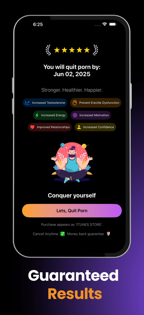 QuitHub - Quit Porn Now - Panel de la aplicación QuitHub que muestra una fecha objetivo para dejar la pornografía con beneficios para la salud como mayor confianza y energía.