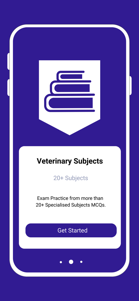 Pantalla que muestra materias veterinarias y opciones de práctica de exámenes en la aplicación Vet Quiz.