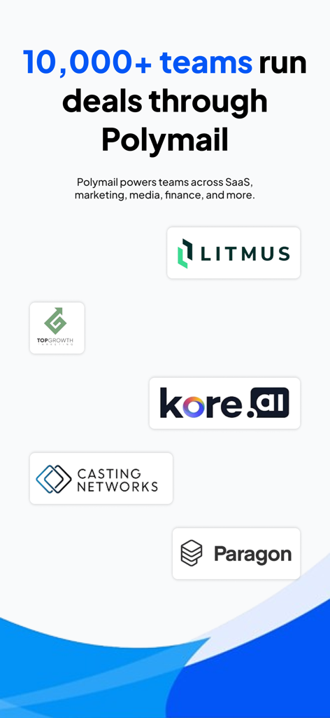 A display of company logos showing over 10000 teams use Polymail to run deals.
