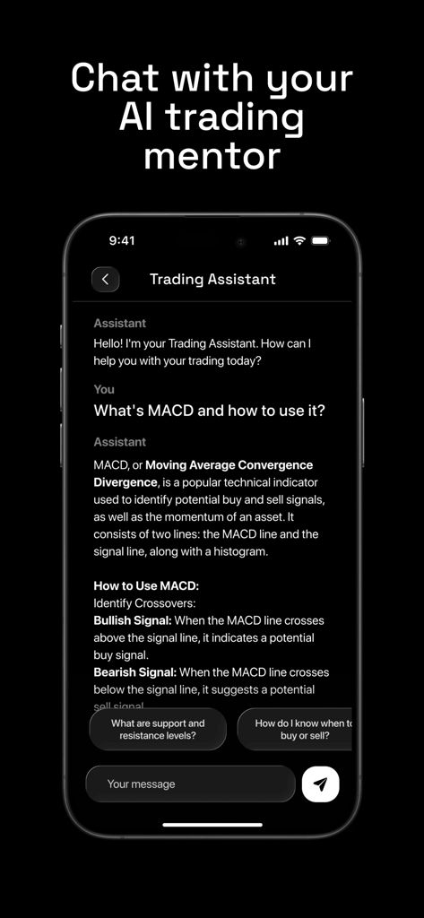 A mobile app screen showing a chat interface where an AI trading assistant explains the MACD indicator to a user.