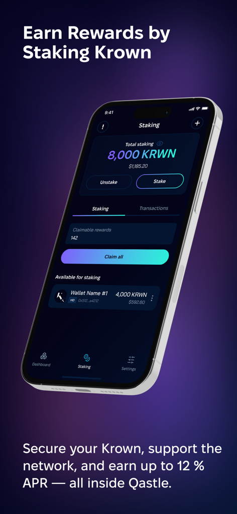 Qastle - Qastle app staking screen showing Krown rewards and 12 percent APR