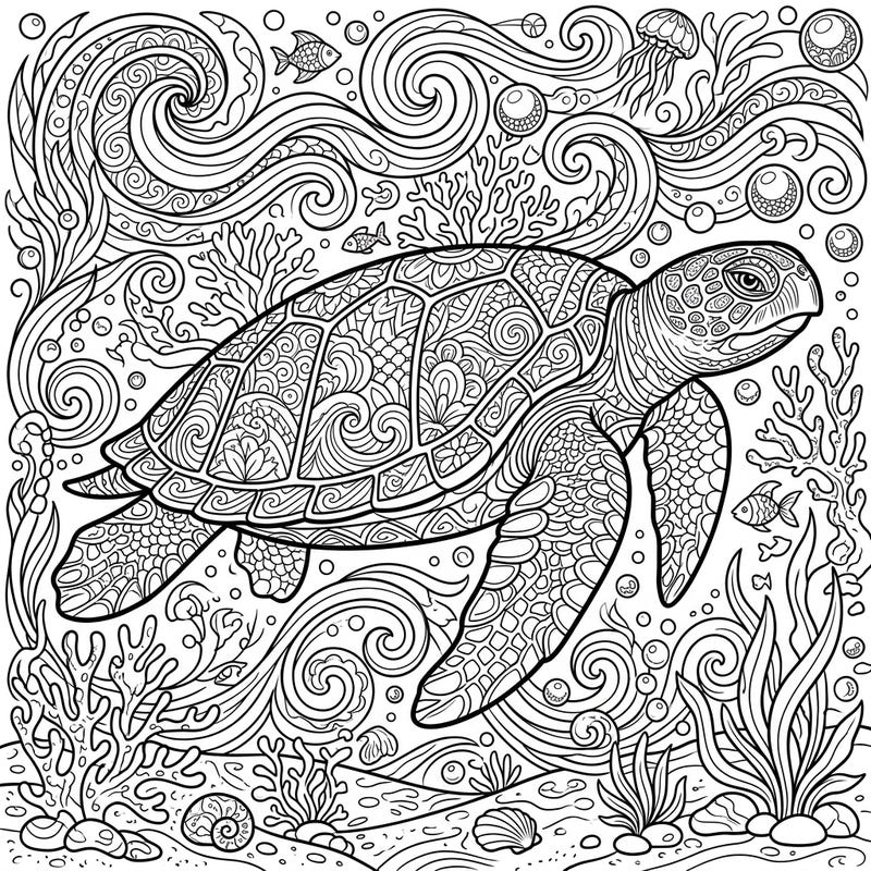 Immerse yourself in the beauty of the ocean with this intricate Flatback Sea Turtle coloring page designed for adults. Explore complex patterns and serene marine life, perfect for a relaxing creative escape.