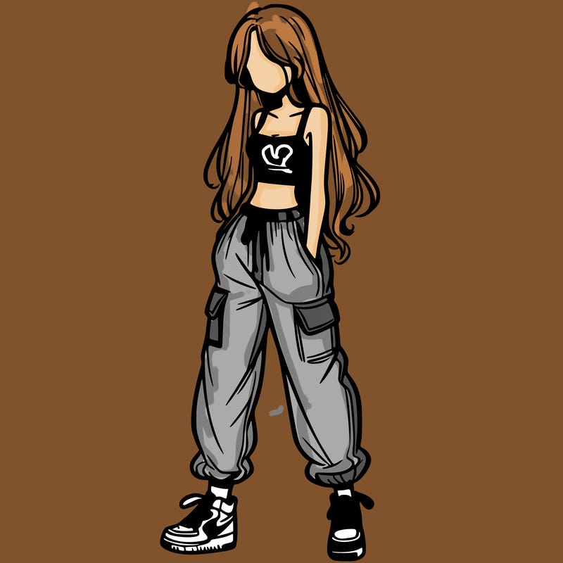 girl in baggy pants crop top and long hair