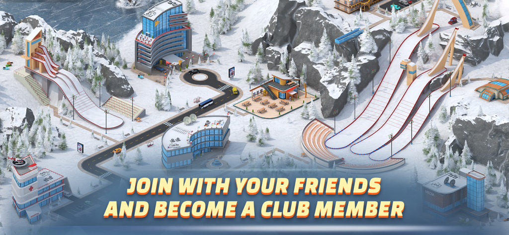 Eine Draufsicht auf das Wintersport-Resort und die Skisprungschanzen in Ski Jump Mania 3 mit Text, der Spieler auffordert, einem Club beizutreten.