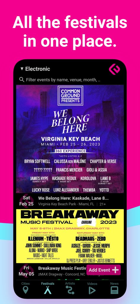 Edmtrain Concerts & Raves - Captura de pantalla de la aplicación Edmtrain que muestra una lista curada de próximos festivales de música electrónica, incluidos We Belong Here y Breakaway.