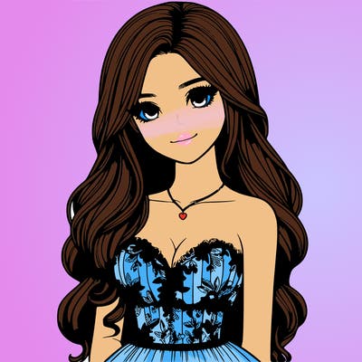 realistic girl with long hair and pretty prom dress