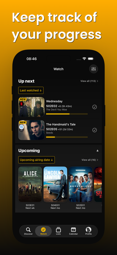 Sofa Time: TV Shows & Movies - Interfaz de la aplicación Sofa Time mostrando la pantalla Ver con barras de progreso para las series de TV actuales y una lista de próximos estrenos