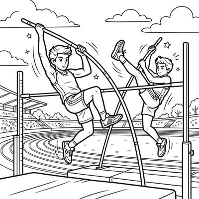 Watch two young athletes defy gravity in this exciting pole vaulters coloring page. Perfect for kids who love sports and want to add vibrant colors to an athletic scene.