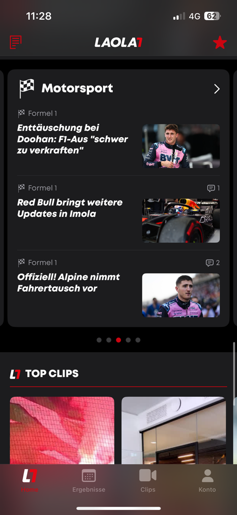 Mobile interface of the LAOLA1 app showing motorsport news headlines and Formula 1 updates in German