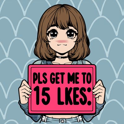realistic girl holding up a sign that says “pls get me to 15 likes!”