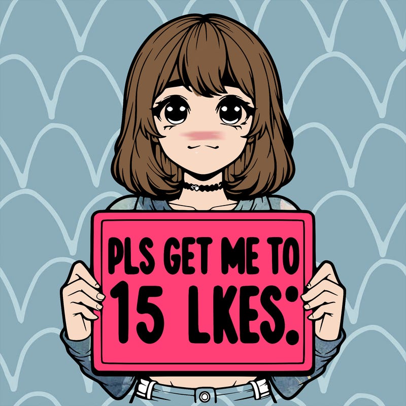 realistic girl holding up a sign that says “pls get me to 15 likes!”