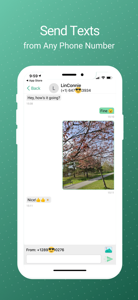 WeTalk Pro- WiFi Calling Phone - WeTalk Proアプリのインターフェース。仮想の2つ目の番号からのテキストと写真を含むチャットが表示されます。