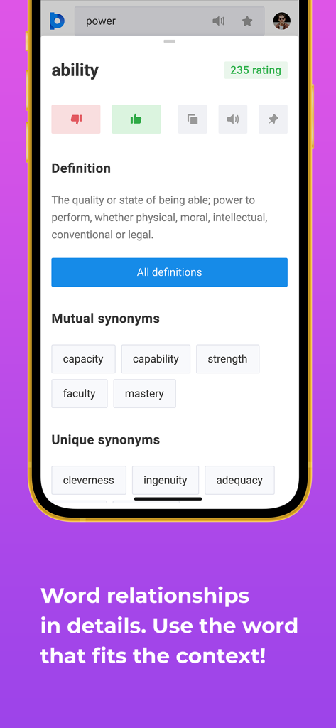 Power Thesaurus app interface showing synonyms and definitions for the word ability