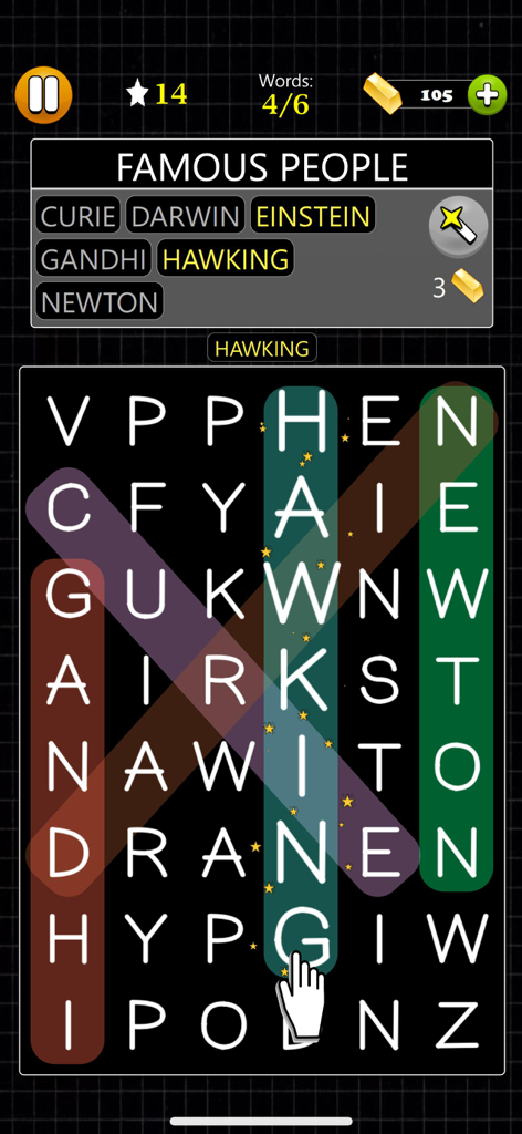 Word Search - Word Game - 유명 인사 카테고리가 포함된 모바일 단어 검색 퍼즐 게임 인터페이스, 다크 모드.
