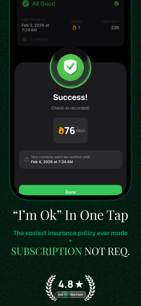 Pulse safety app success screen showing a 76 day check in streak and one tap confirmation message