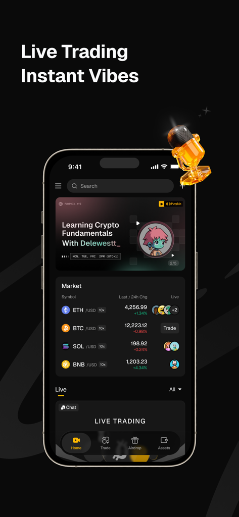 Pumpkin Pro - Screenshot of the Pumpkin Pro mobile app interface showing live crypto trading rooms and real-time market prices for Bitcoin and Ethereum.