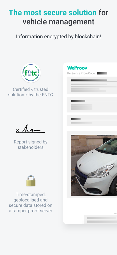 WeProov - Car Inspection - Rapport d'inspection de voiture sécurisé WeProov avec cryptage blockchain et signatures numériques